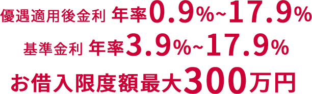 優遇適用後金利 年率0.9%~17.9% 基準金利 年率3.9%~17.9% お借入限度額最大300万円